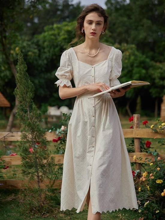 Simple Retro Dresses & Skirts - Simple Retro Women’s Cream Button-Front Midi Dress with Puff Sleeves